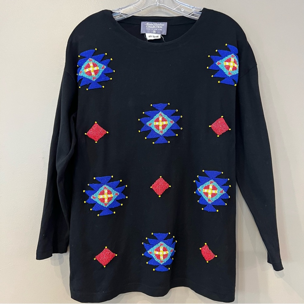 Vintage Seed Bead Western Aztec Tunic Geometric Sz M Black Knit Long Sleeve Crew